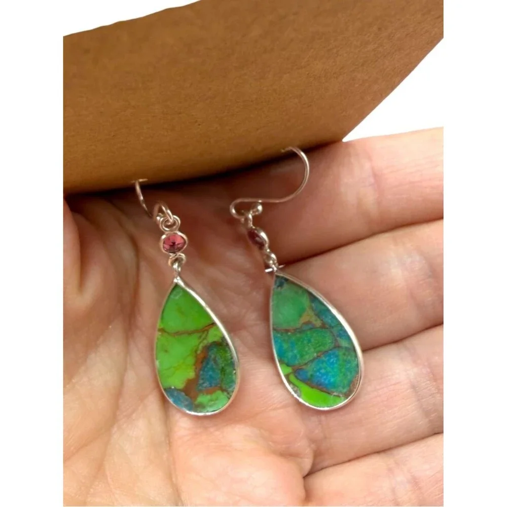 Kingman Green Turquoise Garnet Earrings Solid 925 Sterling Silver Dangle Drop - Picture 3 of 4